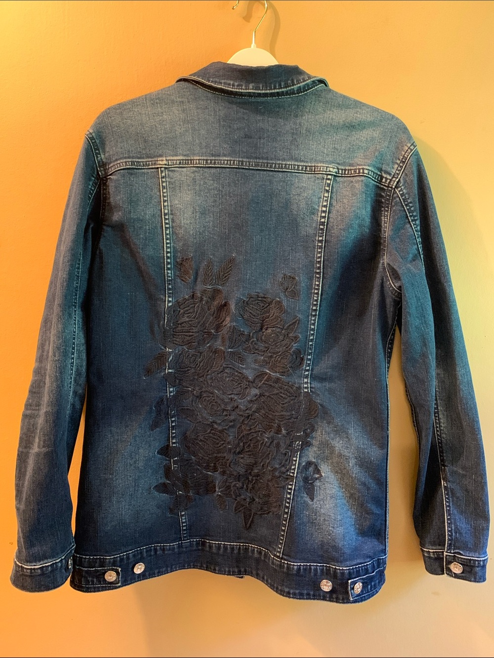 LuLaRoe Jaxon Dark Blue Denim Jacket with Black Floral Embroidery on Back